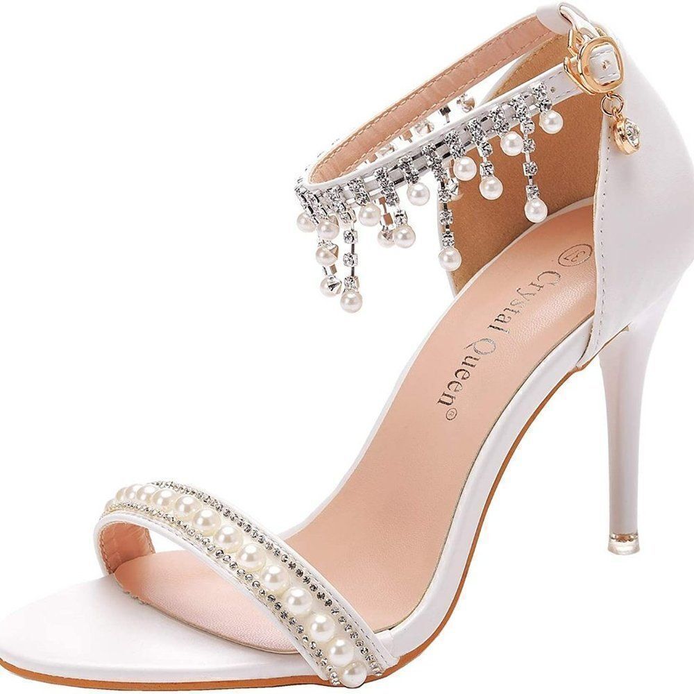 Wedding Beaded Tassels Ankle Strap Pearl High Heel Stiletto Heels Peep Toe Heels